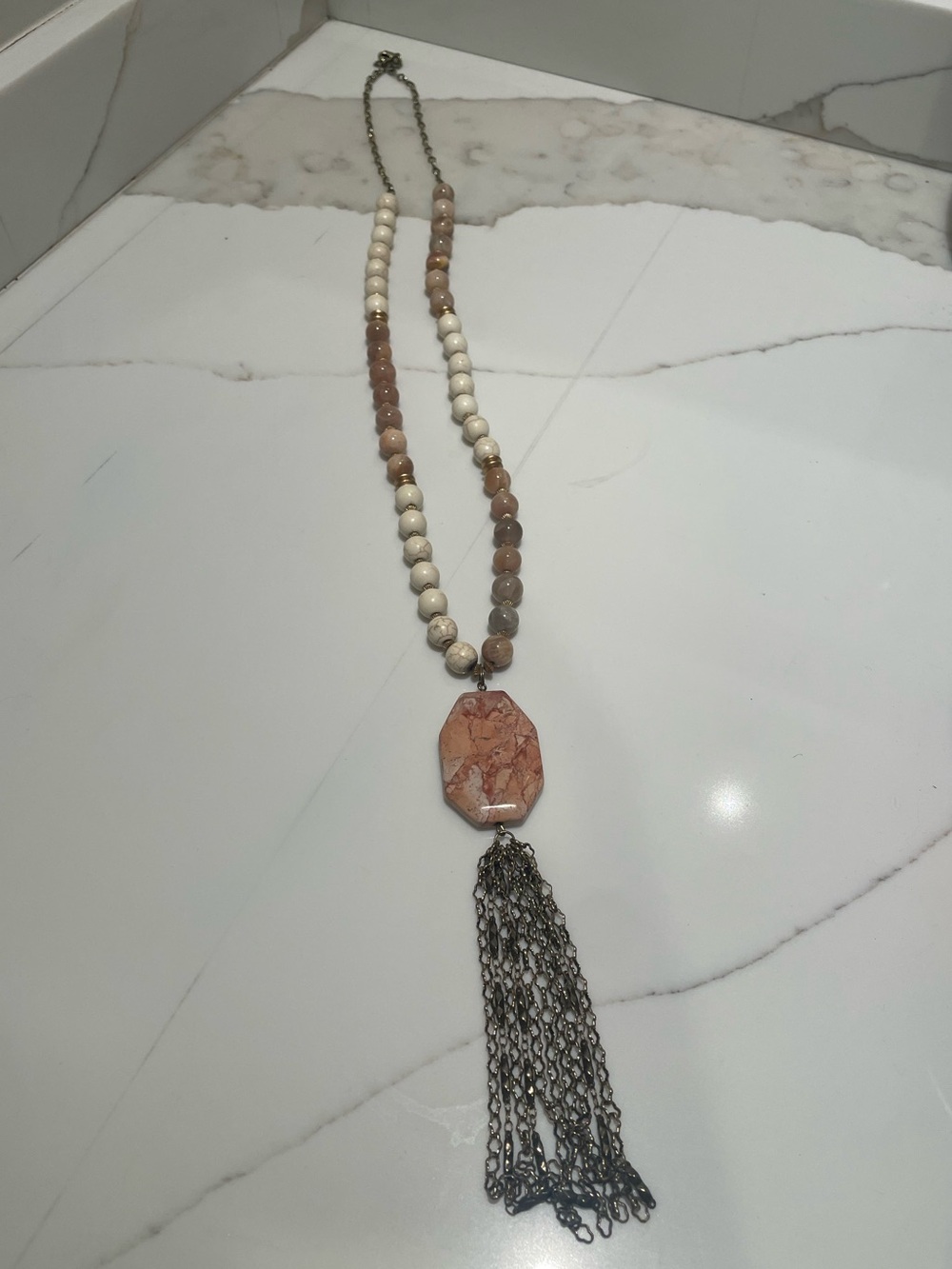 Anthropologie Peach and Cream marble Beaded Tassel Necklace